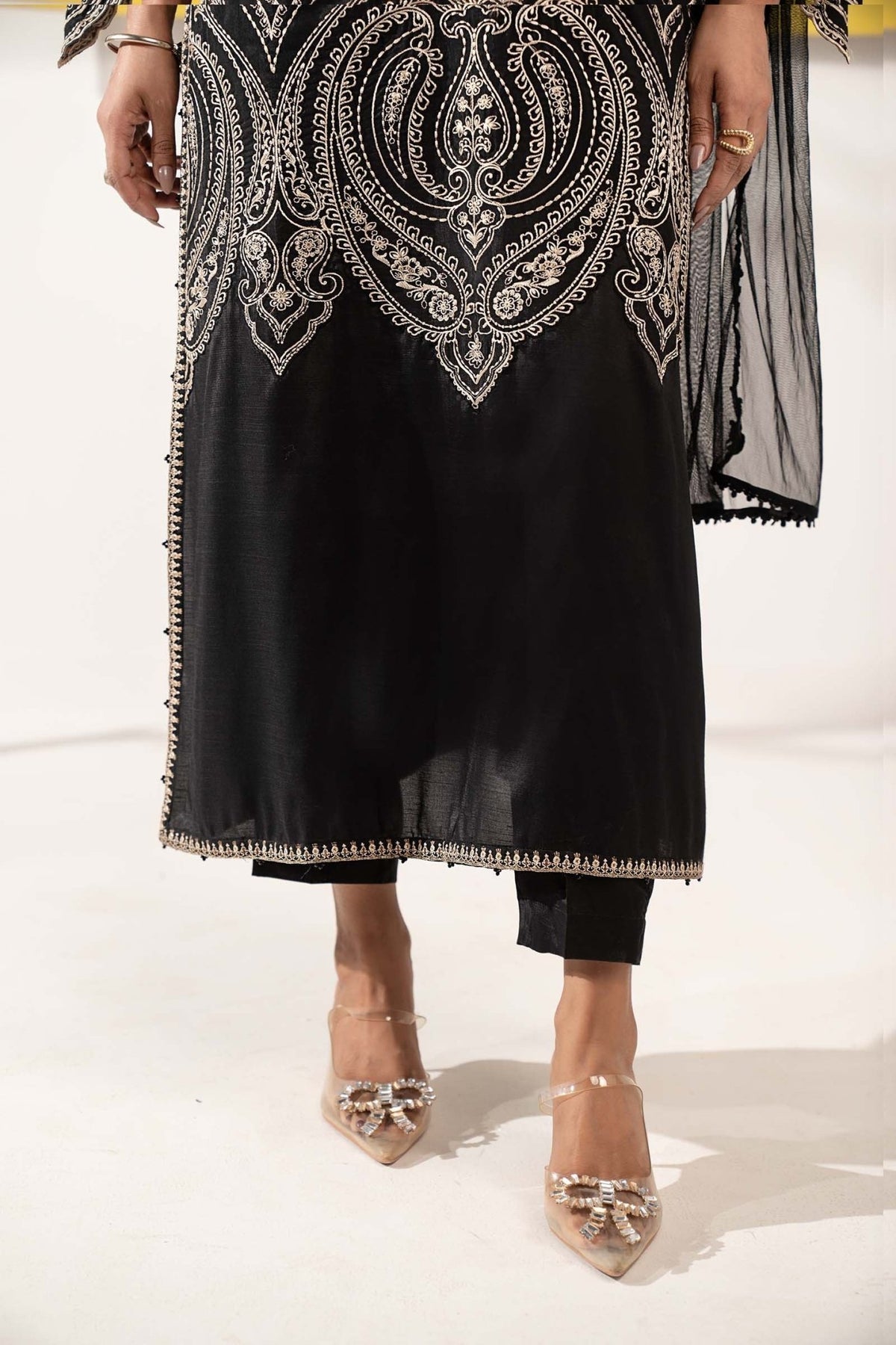 Maria B | RTW | 3 Piece Embroidered Raw Silk Suit-Brand:Maria B-Type:Luxury Pret-Black - House of Maryam- Buy in UK, USA