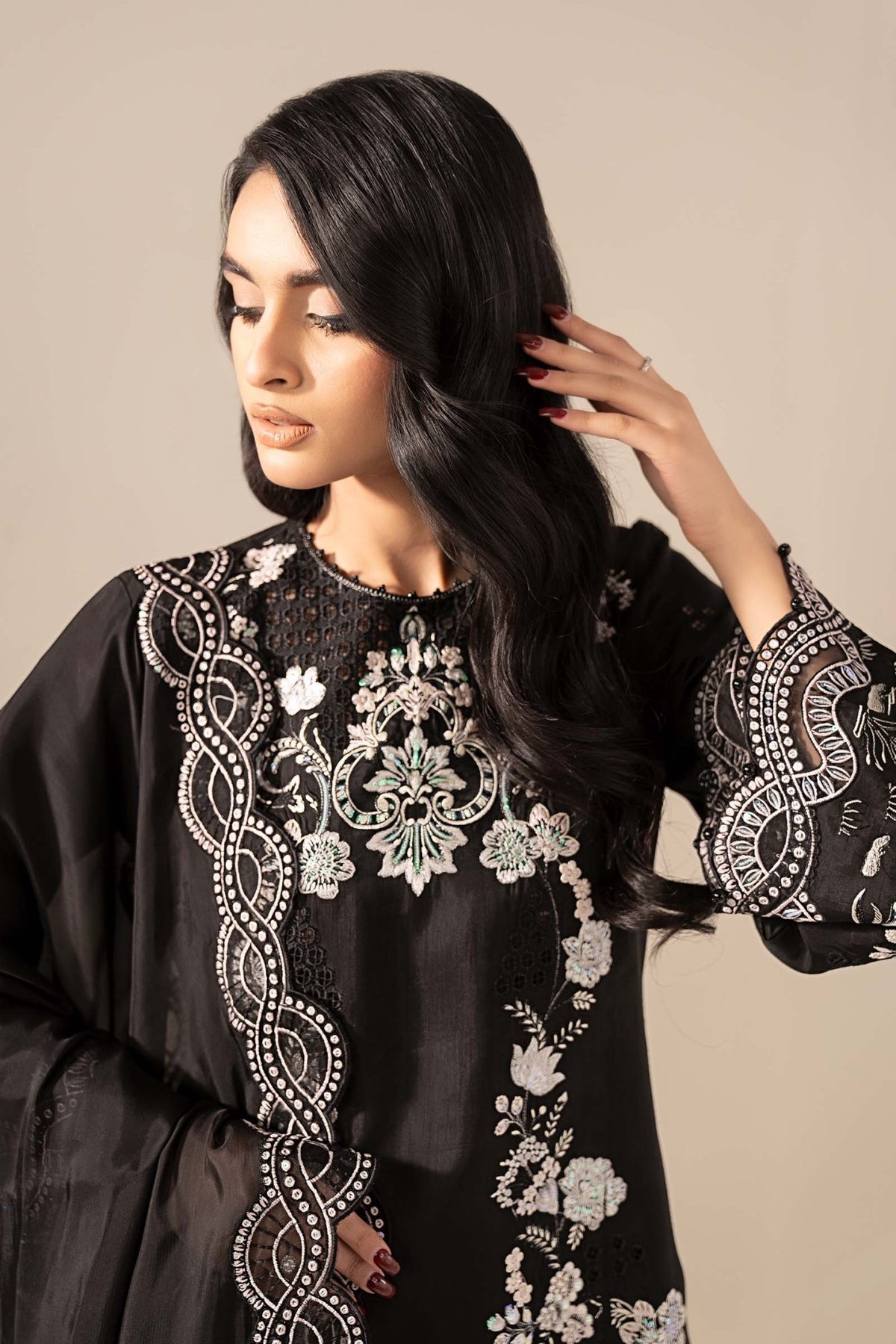 Maria B | RTW | 3 Piece Embroidered Raw Silk Suit-Brand:Maria B-Type:Luxury Formals-Black - House of Maryam- Buy in UK, USA