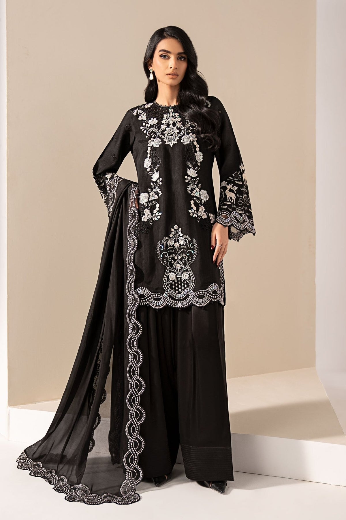 Maria B | RTW | 3 Piece Embroidered Raw Silk Suit-Brand:Maria B-Type:Luxury Formals-Black - House of Maryam- Buy in UK, USA