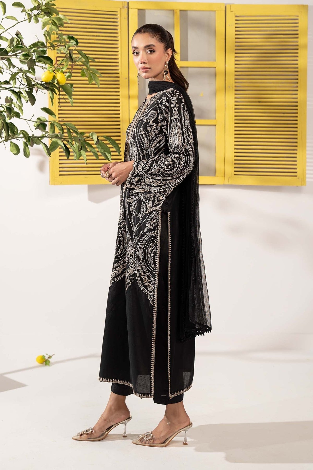Maria B | RTW | 3 Piece Embroidered Raw Silk Suit-Brand:Maria B-Type:Luxury Pret-Black - House of Maryam- Buy in UK, USA