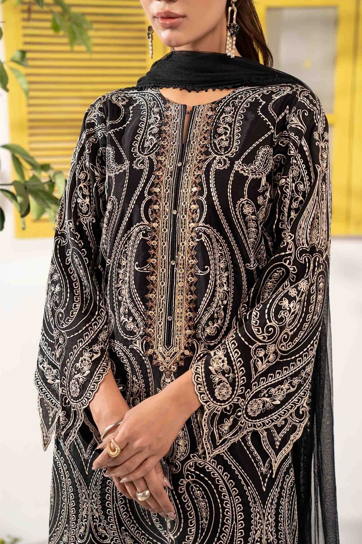Maria B | RTW | 3 Piece Embroidered Raw Silk Suit-Brand:Maria B-Type:Luxury Pret-Black - House of Maryam- Buy in UK, USA