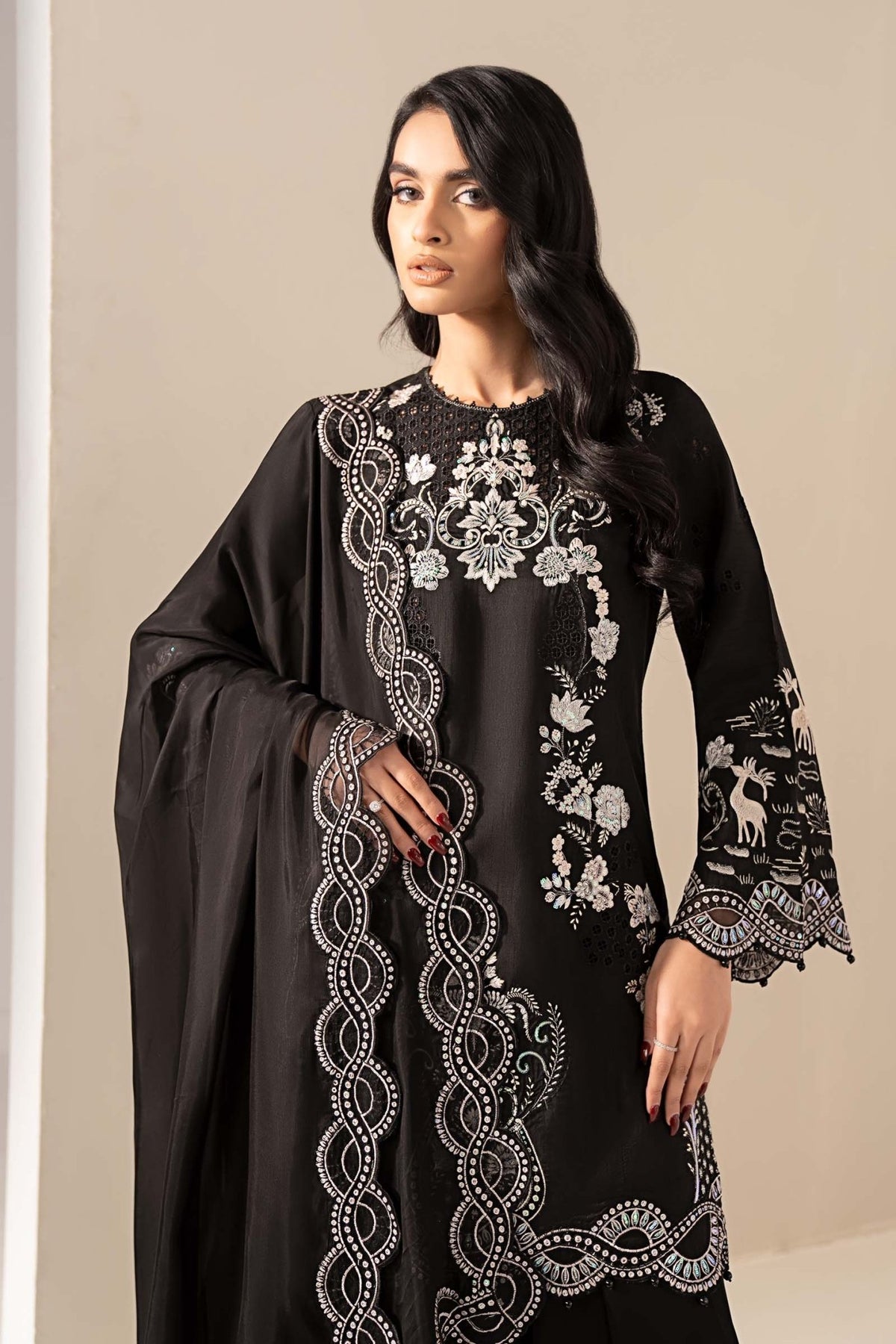 Maria B | RTW | 3 Piece Embroidered Raw Silk Suit-Brand:Maria B-Type:Luxury Formals-Black - House of Maryam- Buy in UK, USA