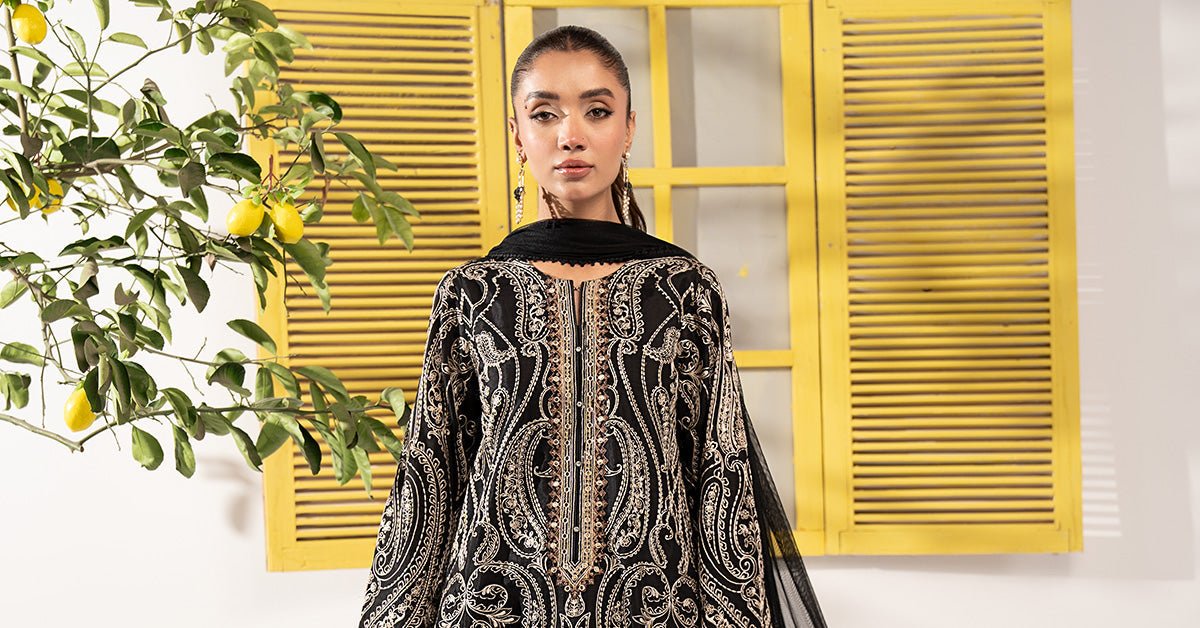 Maria B | RTW | 3 Piece Embroidered Raw Silk Suit-Brand:Maria B-Type:Luxury Pret-Black - House of Maryam- Buy in UK, USA