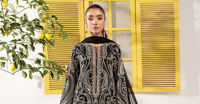 Maria B | RTW | 3 Piece Embroidered Raw Silk Suit-Brand:Maria B-Type:Luxury Pret-Black - House of Maryam- Buy in UK, USA