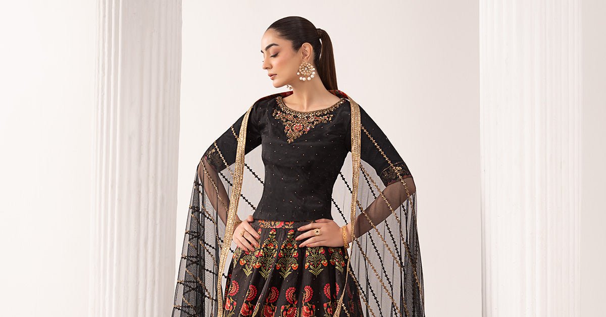 Maria B | RTW | 3 Piece Embroidered Raw Silk Suit-Brand:Maria B-Type:Luxury Formals-Black - House of Maryam- Buy in UK, USA