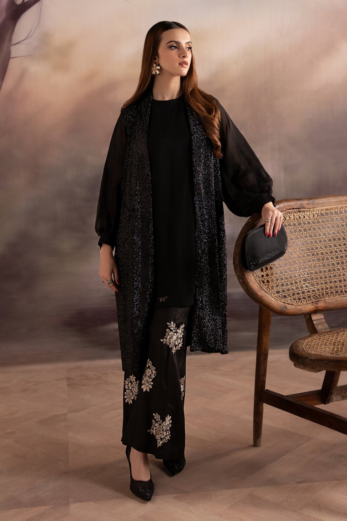 Maria B | RTW | 3 Piece Embroidered Raw Silk Suit-Brand:Maria B-Type:Luxury Formals-Black - House of Maryam- Buy in UK, USA