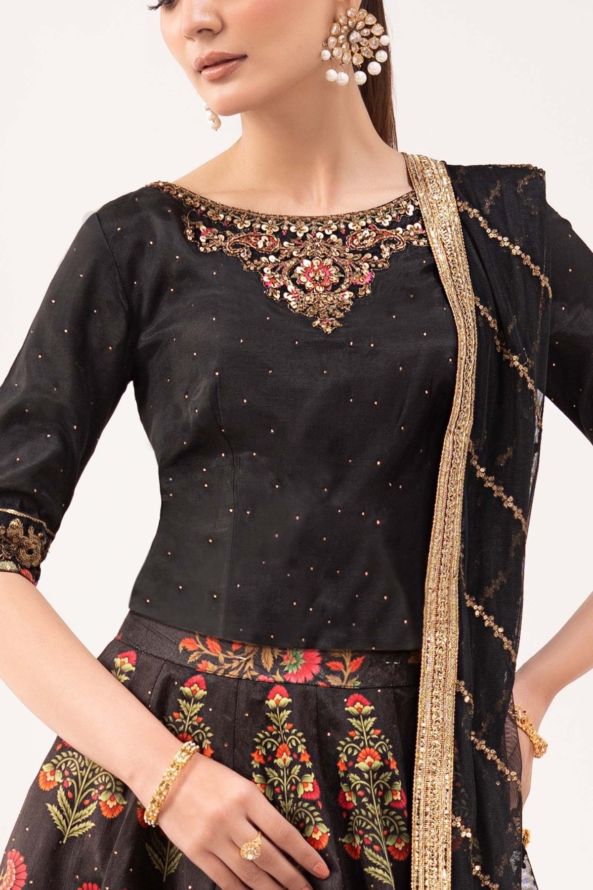 Maria B | RTW | 3 Piece Embroidered Raw Silk Suit-Brand:Maria B-Type:Luxury Formals-Black - House of Maryam- Buy in UK, USA