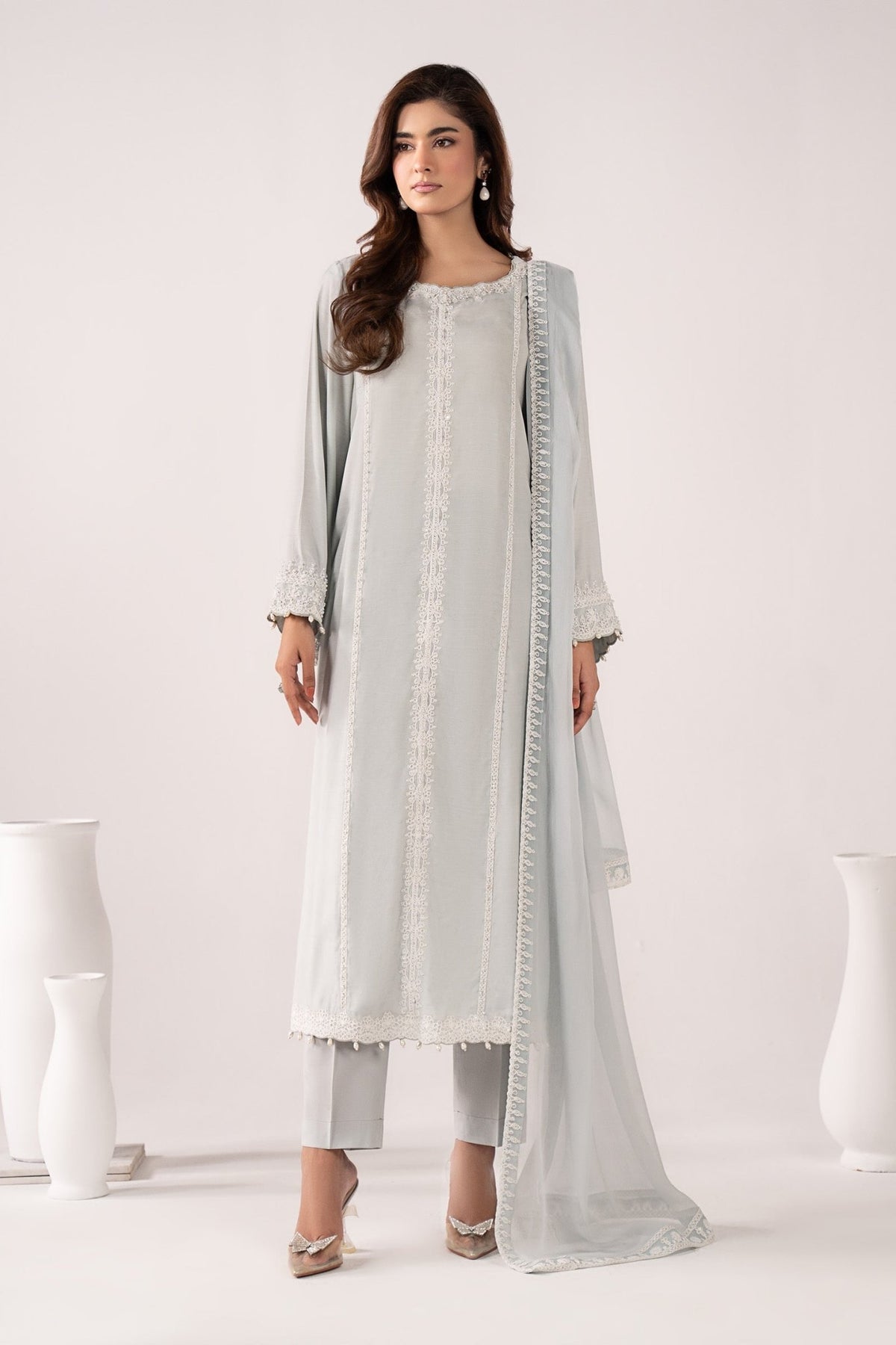 Maria B | RTW | 3 Piece Embroidered Raw Silk Suit-Brand:Maria B-Type:Luxury Pret-Blue - House of Maryam- Buy in UK, USA