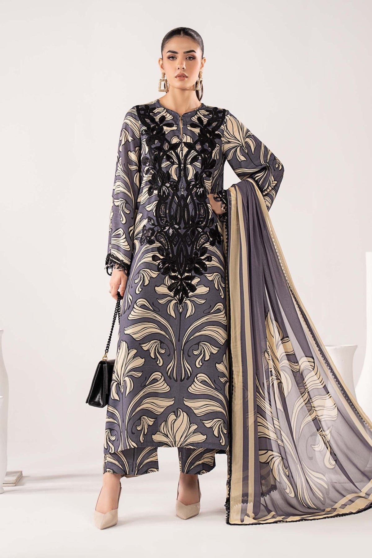 Maria B | RTW | 3 Piece Embroidered Raw Silk Suit-Brand:Maria B-Type:Luxury Pret-Blue - House of Maryam- Buy in UK, USA