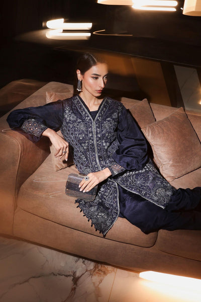 Maria B | RTW | 3 Piece Embroidered Raw Silk Suit-Brand:Maria B-Type:Luxury Formals-Blue - House of Maryam- Buy in UK, USA