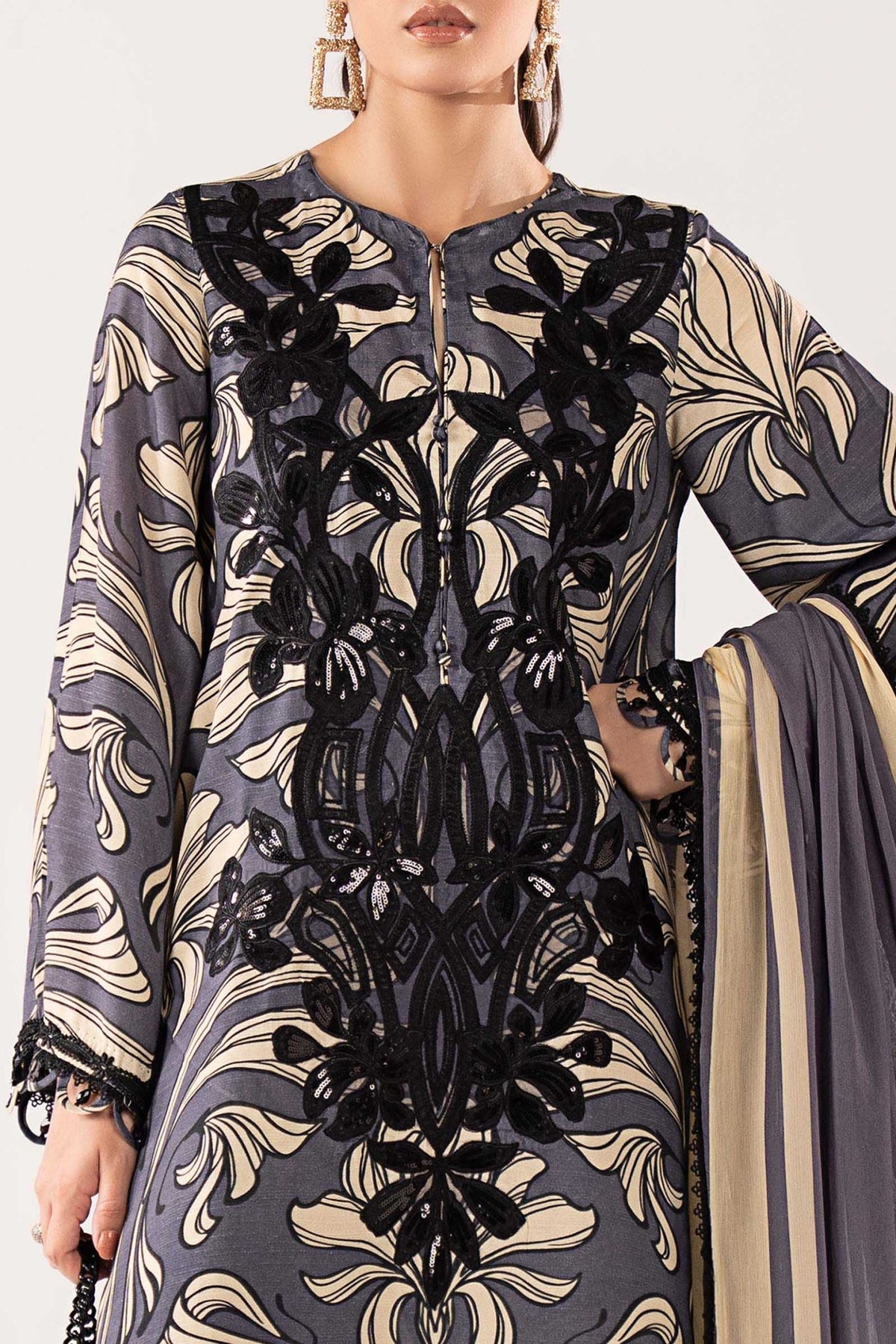 Maria B | RTW | 3 Piece Embroidered Raw Silk Suit-Brand:Maria B-Type:Luxury Pret-Blue - House of Maryam- Buy in UK, USA