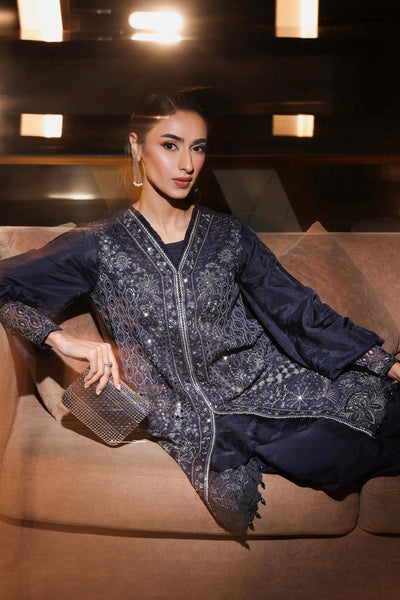 Maria B | RTW | 3 Piece Embroidered Raw Silk Suit-Brand:Maria B-Type:Luxury Formals-Blue - House of Maryam- Buy in UK, USA