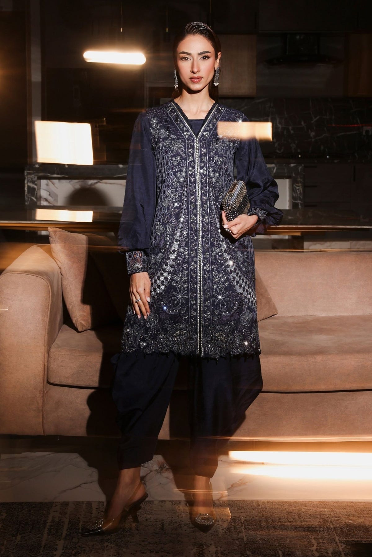 Maria B | RTW | 3 Piece Embroidered Raw Silk Suit-Brand:Maria B-Type:Luxury Formals-Blue - House of Maryam- Buy in UK, USA