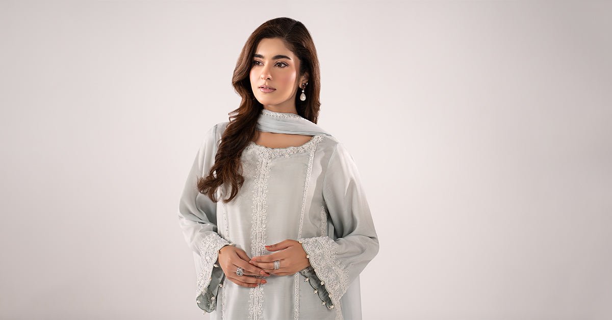 Maria B | RTW | 3 Piece Embroidered Raw Silk Suit-Brand:Maria B-Type:Luxury Pret-Blue - House of Maryam- Buy in UK, USA