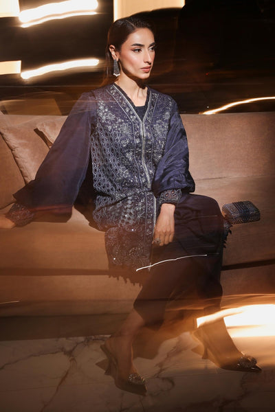 Maria B | RTW | 3 Piece Embroidered Raw Silk Suit-Brand:Maria B-Type:Luxury Formals-Blue - House of Maryam- Buy in UK, USA