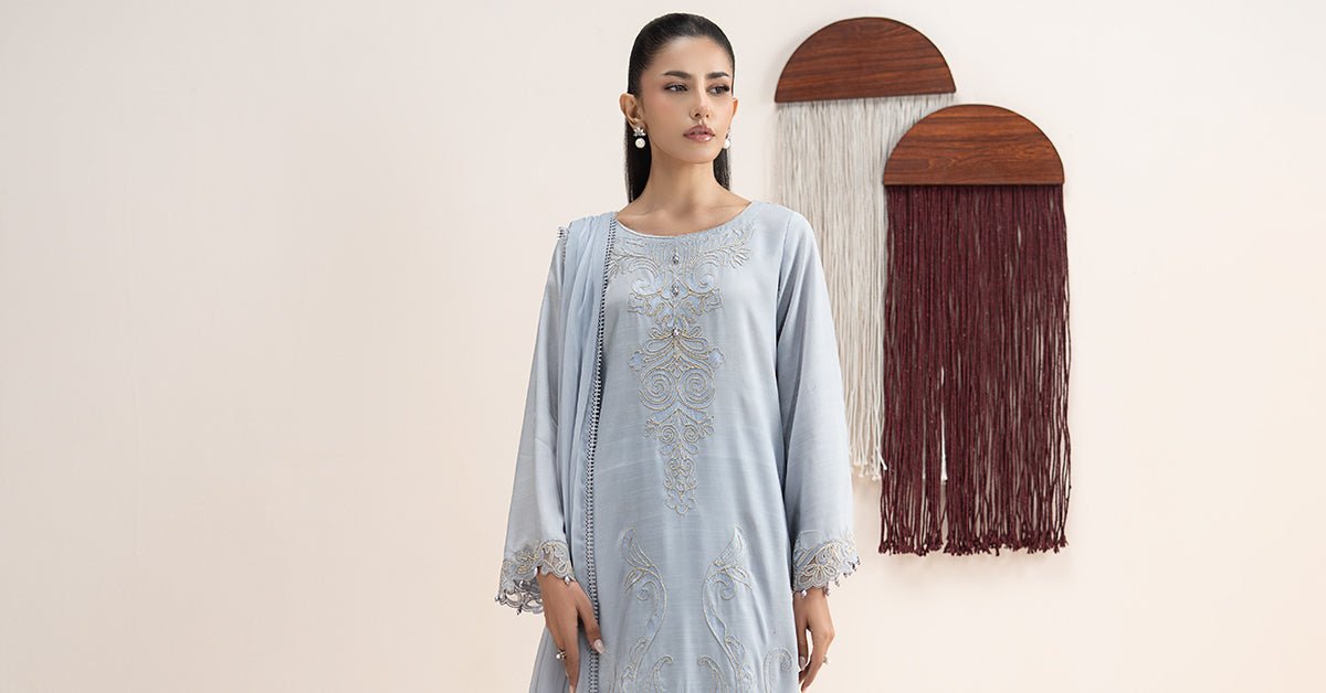 Maria B | RTW | 3 Piece Embroidered Raw Silk Suit-Brand:Maria B-Type:Luxury Pret-Blue - House of Maryam- Buy in UK, USA