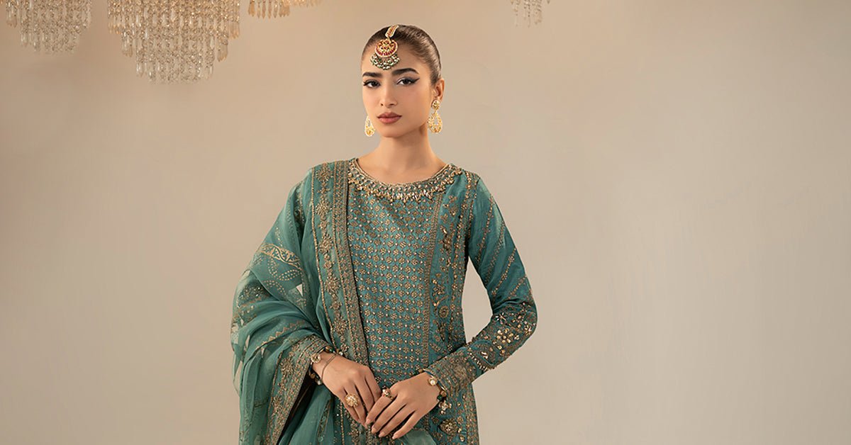 Maria B | RTW | 3 Piece Embroidered Raw Silk Suit-Brand:Maria B-Type:Luxury Formals-Blue - House of Maryam- Buy in UK, USA