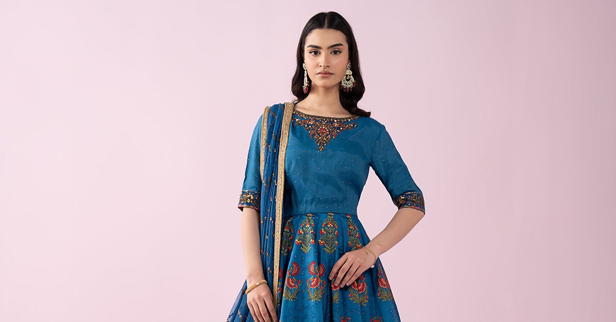 Maria B | RTW | 3 Piece Embroidered Raw Silk Suit-Brand:Maria B-Type:Luxury Formals-Blue - House of Maryam- Buy in UK, USA
