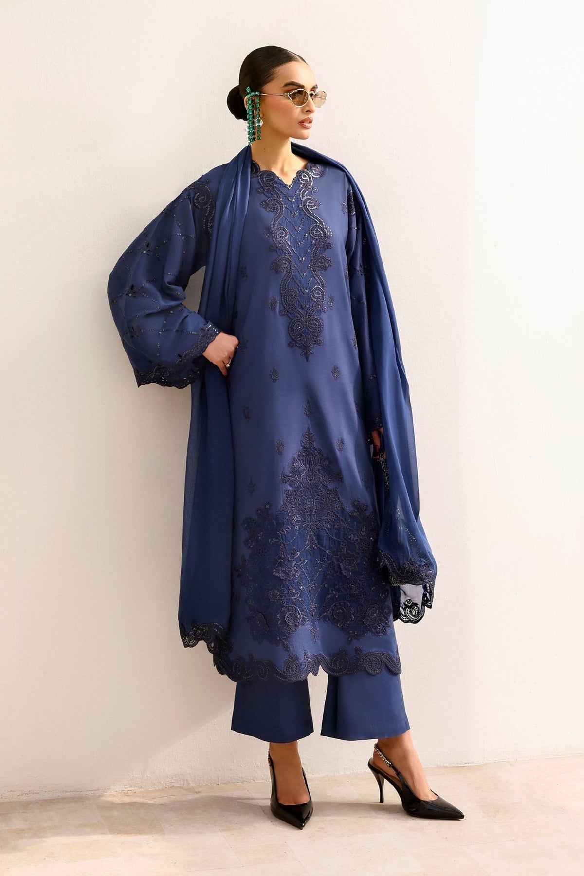 Maria B | RTW | 3 Piece Embroidered Raw Silk Suit-Brand:Maria B-Type:Luxury Formals-Blue - House of Maryam- Buy in UK, USA