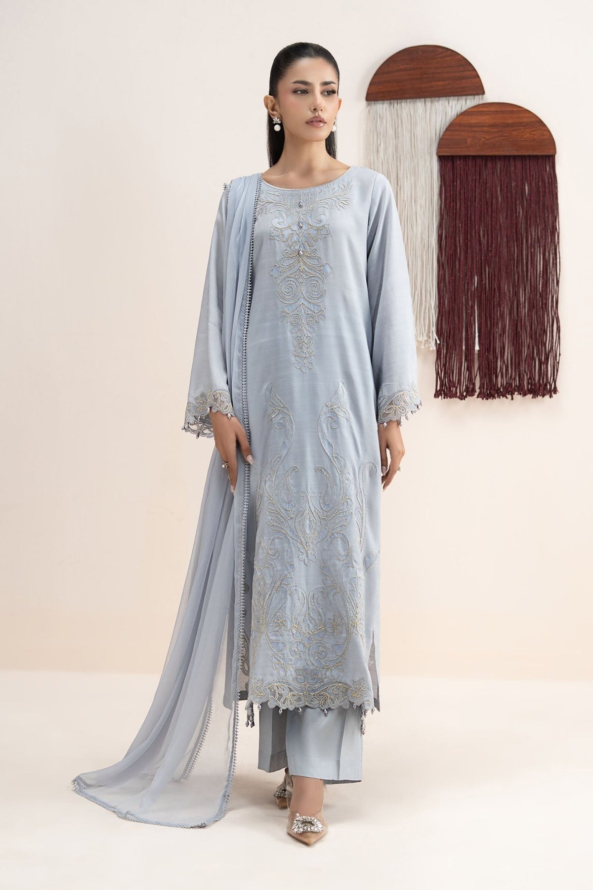 Maria B | RTW | 3 Piece Embroidered Raw Silk Suit-Brand:Maria B-Type:Luxury Pret-Blue - House of Maryam- Buy in UK, USA