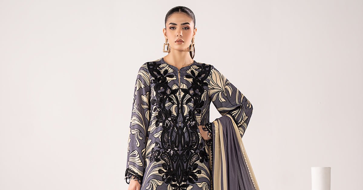 Maria B | RTW | 3 Piece Embroidered Raw Silk Suit-Brand:Maria B-Type:Luxury Pret-Blue - House of Maryam- Buy in UK, USA