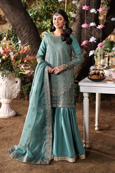 Maria B | RTW | 3 Piece Embroidered Raw Silk Suit-Brand:Maria B-Type:Luxury Formals-Blue - House of Maryam- Buy in UK, USA