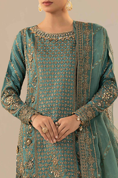 Maria B | RTW | 3 Piece Embroidered Raw Silk Suit-Brand:Maria B-Type:Luxury Formals-Blue - House of Maryam- Buy in UK, USA