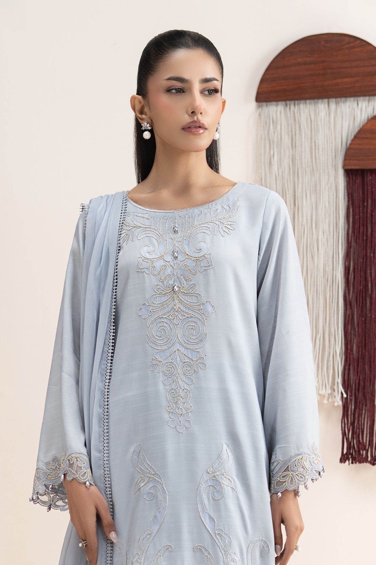 Maria B | RTW | 3 Piece Embroidered Raw Silk Suit-Brand:Maria B-Type:Luxury Pret-Blue - House of Maryam- Buy in UK, USA