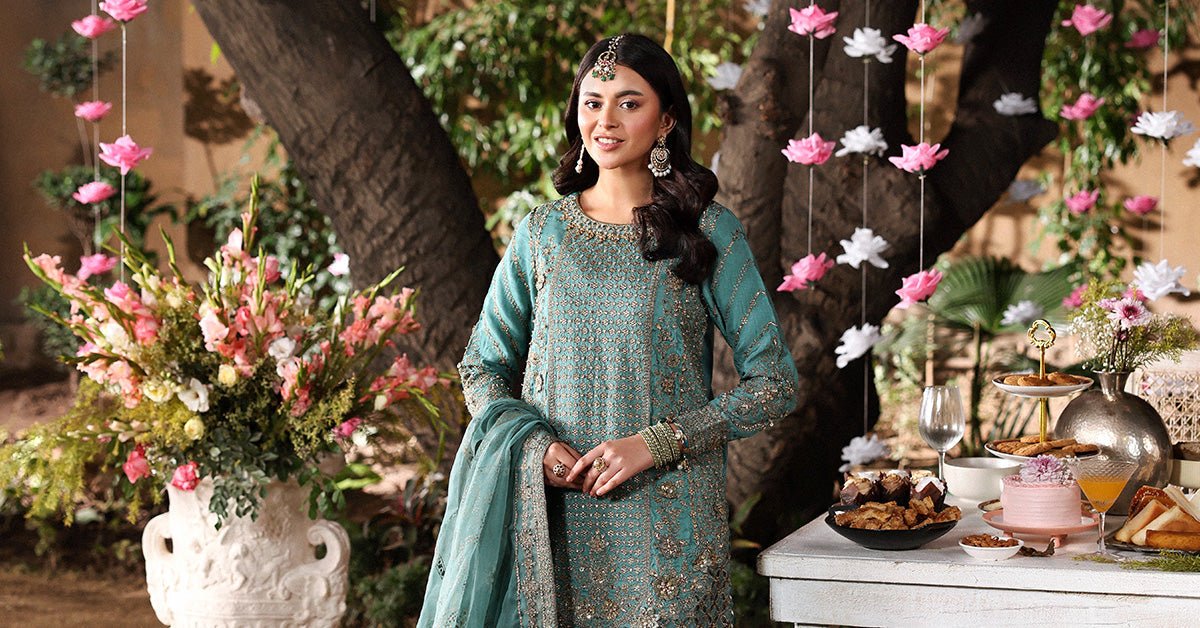 Maria B | RTW | 3 Piece Embroidered Raw Silk Suit-Brand:Maria B-Type:Luxury Formals-Blue - House of Maryam- Buy in UK, USA