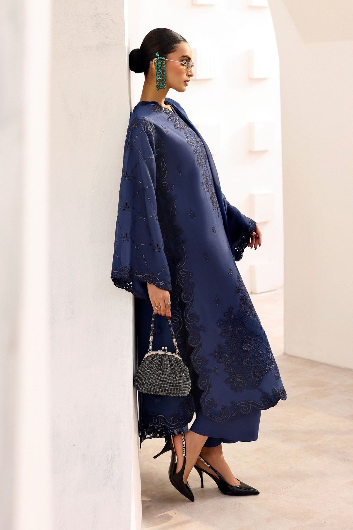 Maria B | RTW | 3 Piece Embroidered Raw Silk Suit-Brand:Maria B-Type:Luxury Formals-Blue - House of Maryam- Buy in UK, USA