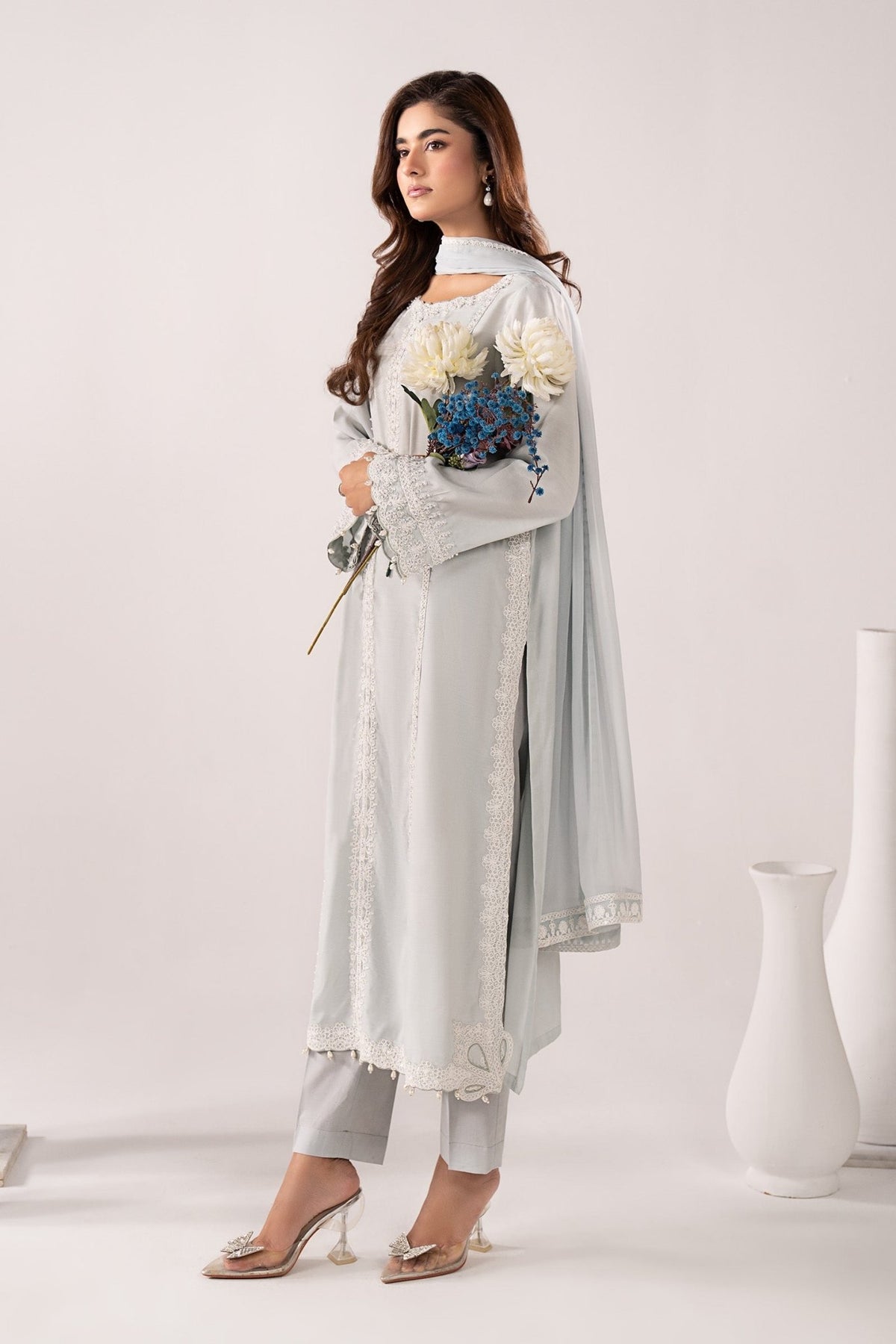 Maria B | RTW | 3 Piece Embroidered Raw Silk Suit-Brand:Maria B-Type:Luxury Pret-Blue - House of Maryam- Buy in UK, USA