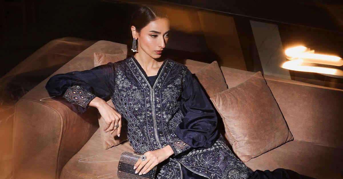 Maria B | RTW | 3 Piece Embroidered Raw Silk Suit-Brand:Maria B-Type:Luxury Formals-Blue - House of Maryam- Buy in UK, USA