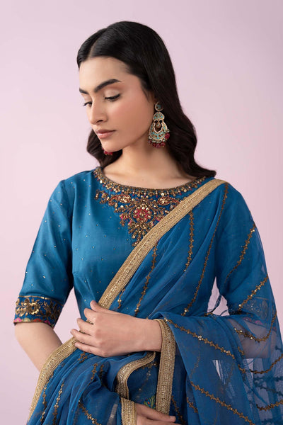 Maria B | RTW | 3 Piece Embroidered Raw Silk Suit-Brand:Maria B-Type:Luxury Formals-Blue - House of Maryam- Buy in UK, USA