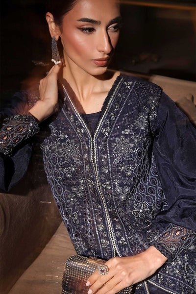 Maria B | RTW | 3 Piece Embroidered Raw Silk Suit-Brand:Maria B-Type:Luxury Formals-Blue - House of Maryam- Buy in UK, USA