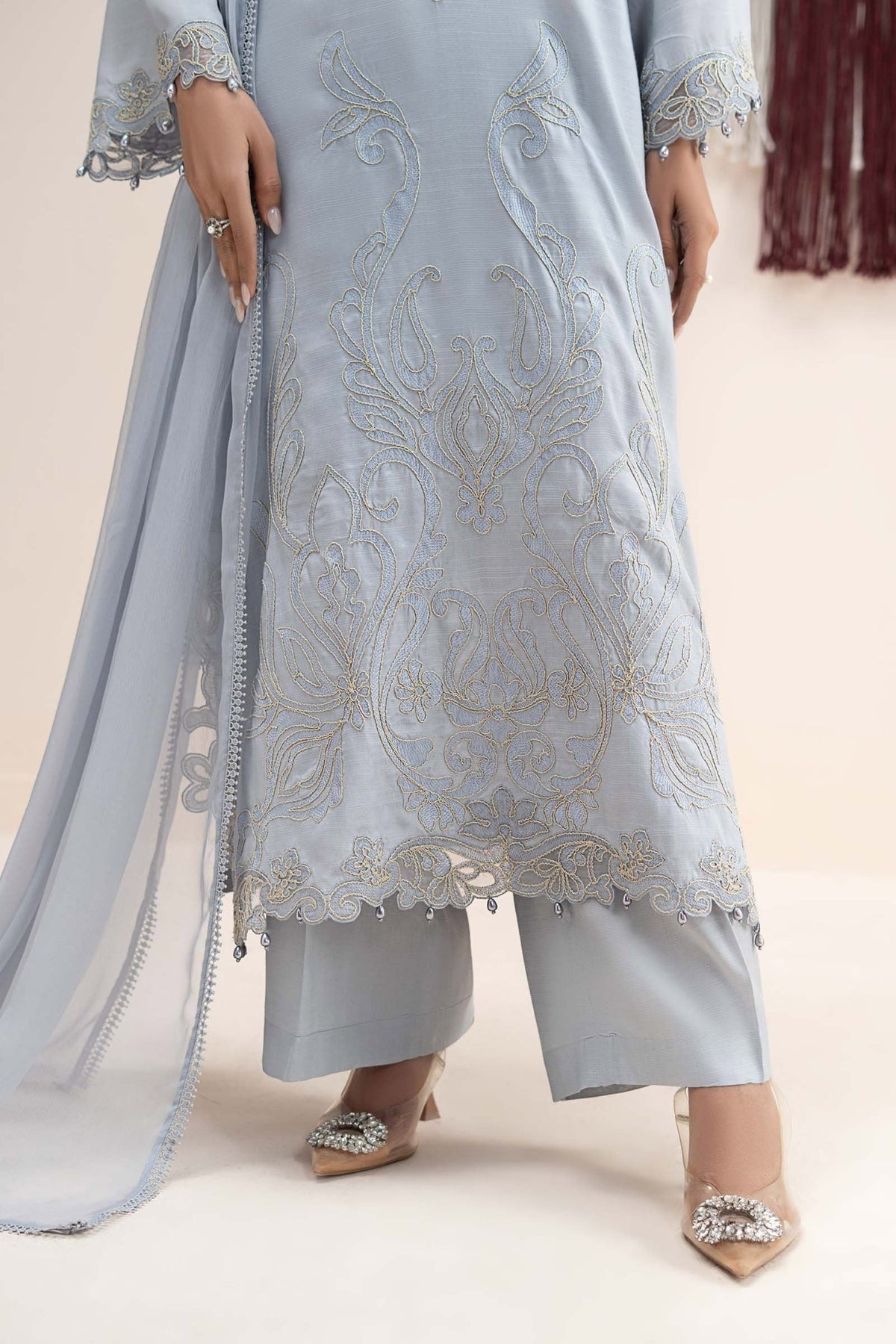 Maria B | RTW | 3 Piece Embroidered Raw Silk Suit-Brand:Maria B-Type:Luxury Pret-Blue - House of Maryam- Buy in UK, USA