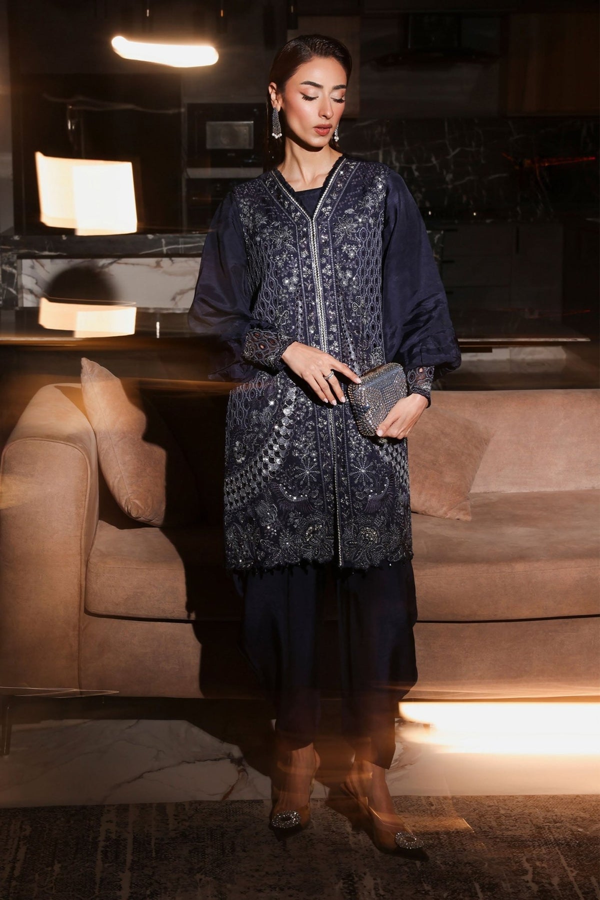 Maria B | RTW | 3 Piece Embroidered Raw Silk Suit-Brand:Maria B-Type:Luxury Formals-Blue - House of Maryam- Buy in UK, USA