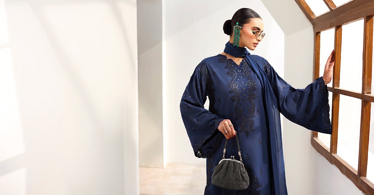 Maria B | RTW | 3 Piece Embroidered Raw Silk Suit-Brand:Maria B-Type:Luxury Formals-Blue - House of Maryam- Buy in UK, USA