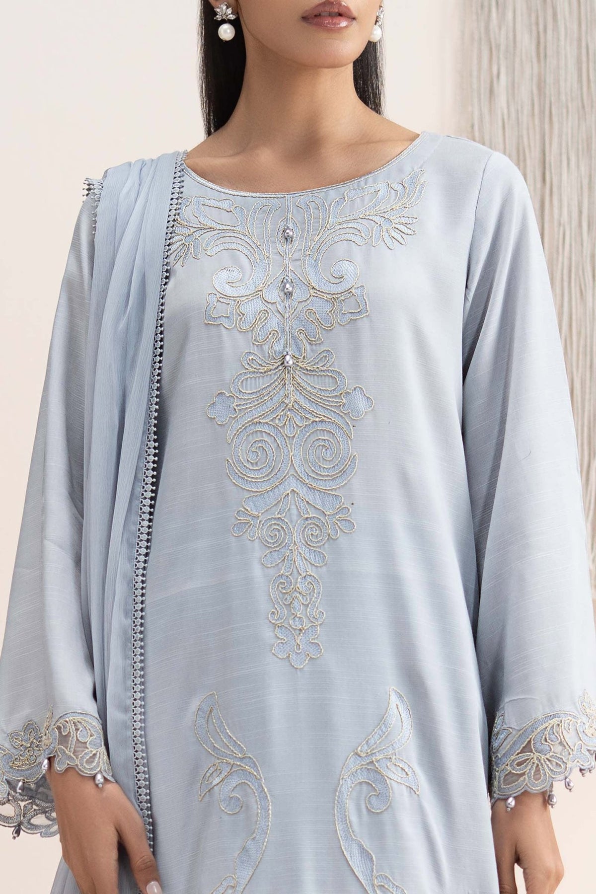 Maria B | RTW | 3 Piece Embroidered Raw Silk Suit-Brand:Maria B-Type:Luxury Pret-Blue - House of Maryam- Buy in UK, USA