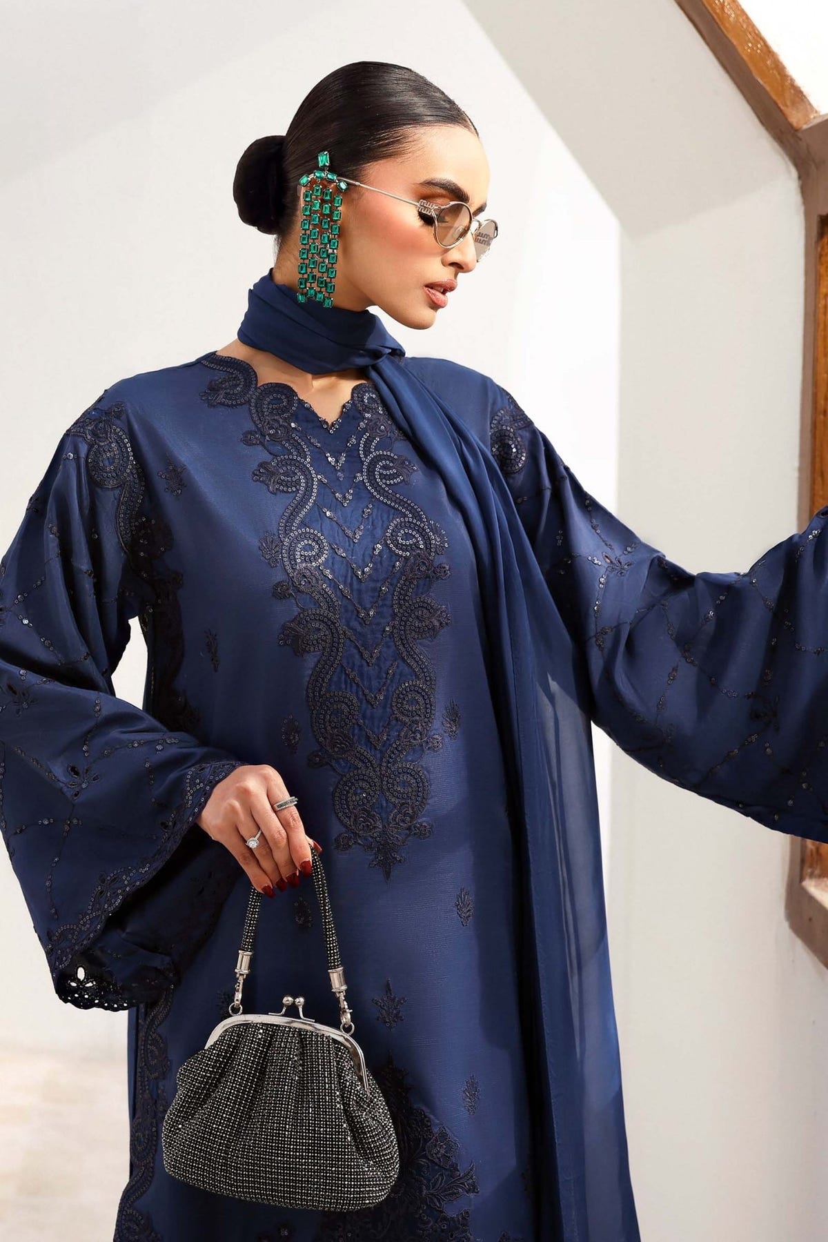 Maria B | RTW | 3 Piece Embroidered Raw Silk Suit-Brand:Maria B-Type:Luxury Formals-Blue - House of Maryam- Buy in UK, USA