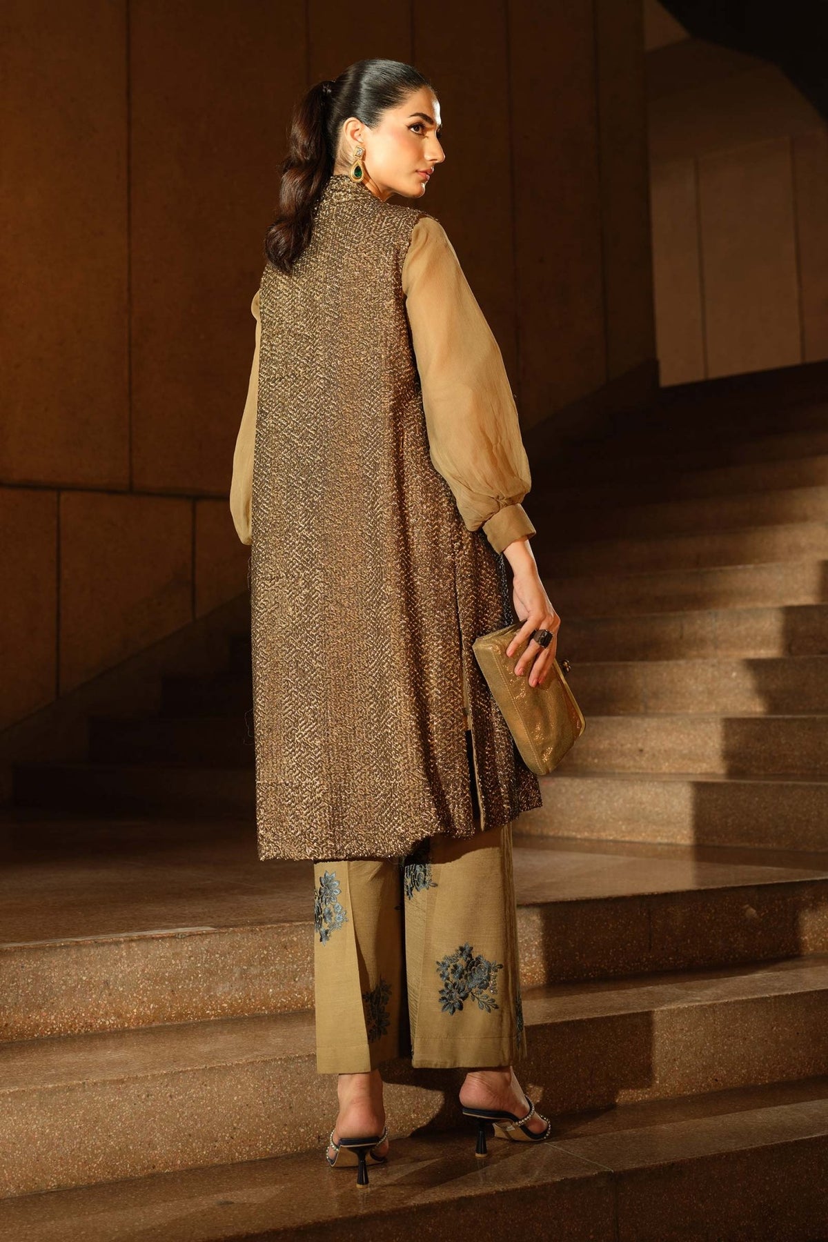 Maria B | RTW | 3 Piece Embroidered Raw Silk Suit-Brand:Maria B-Type:Luxury Formals-Brown - House of Maryam- Buy in UK, USA