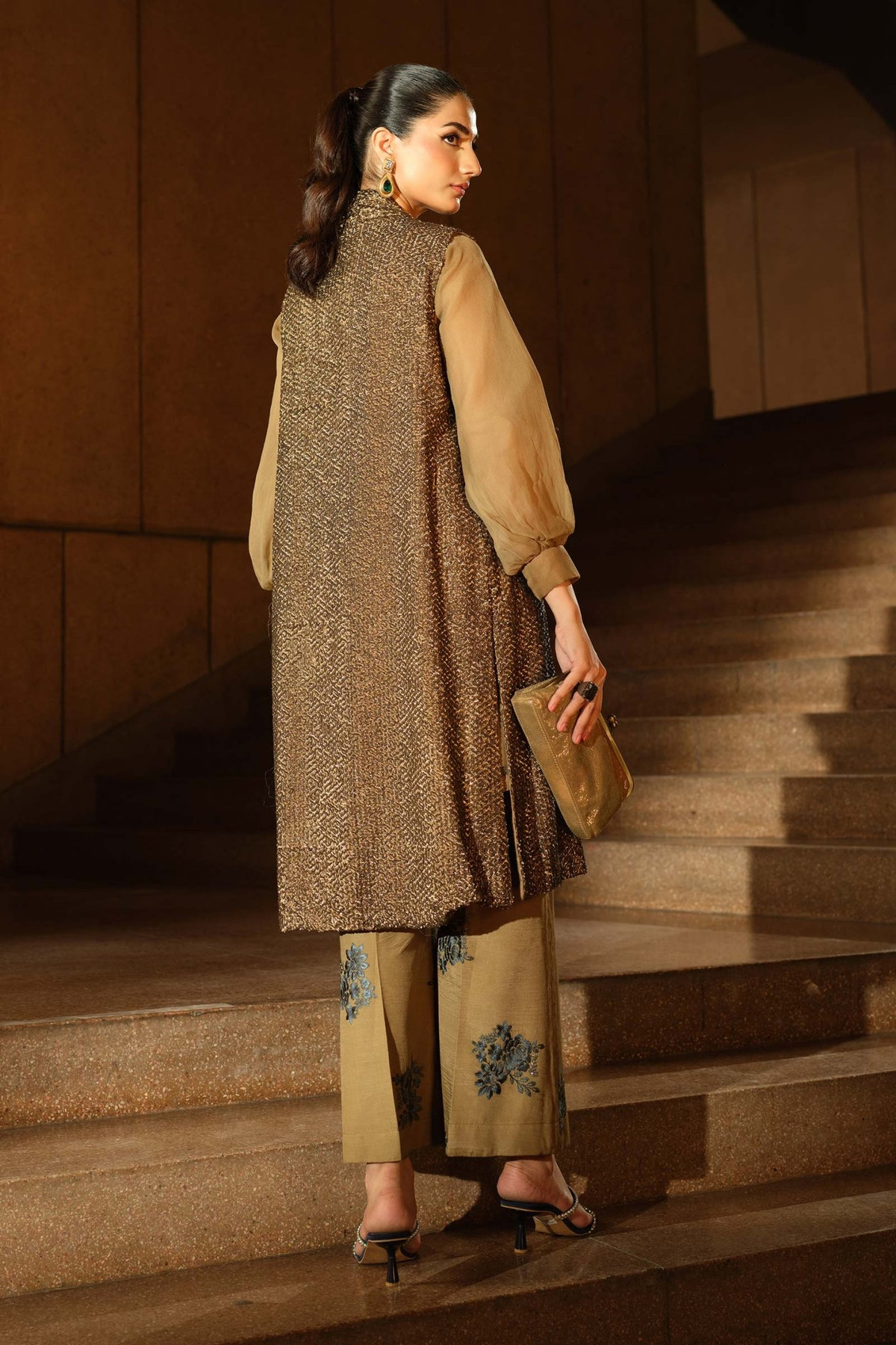 Maria B | RTW | 3 Piece Embroidered Raw Silk Suit-Brand:Maria B-Type:Luxury Formals-Brown - House of Maryam- Buy in UK, USA
