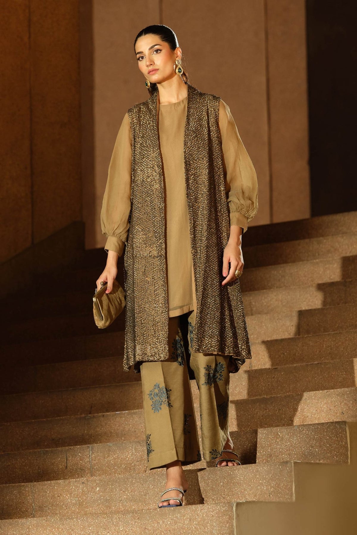 Maria B | RTW | 3 Piece Embroidered Raw Silk Suit-Brand:Maria B-Type:Luxury Formals-Brown - House of Maryam- Buy in UK, USA