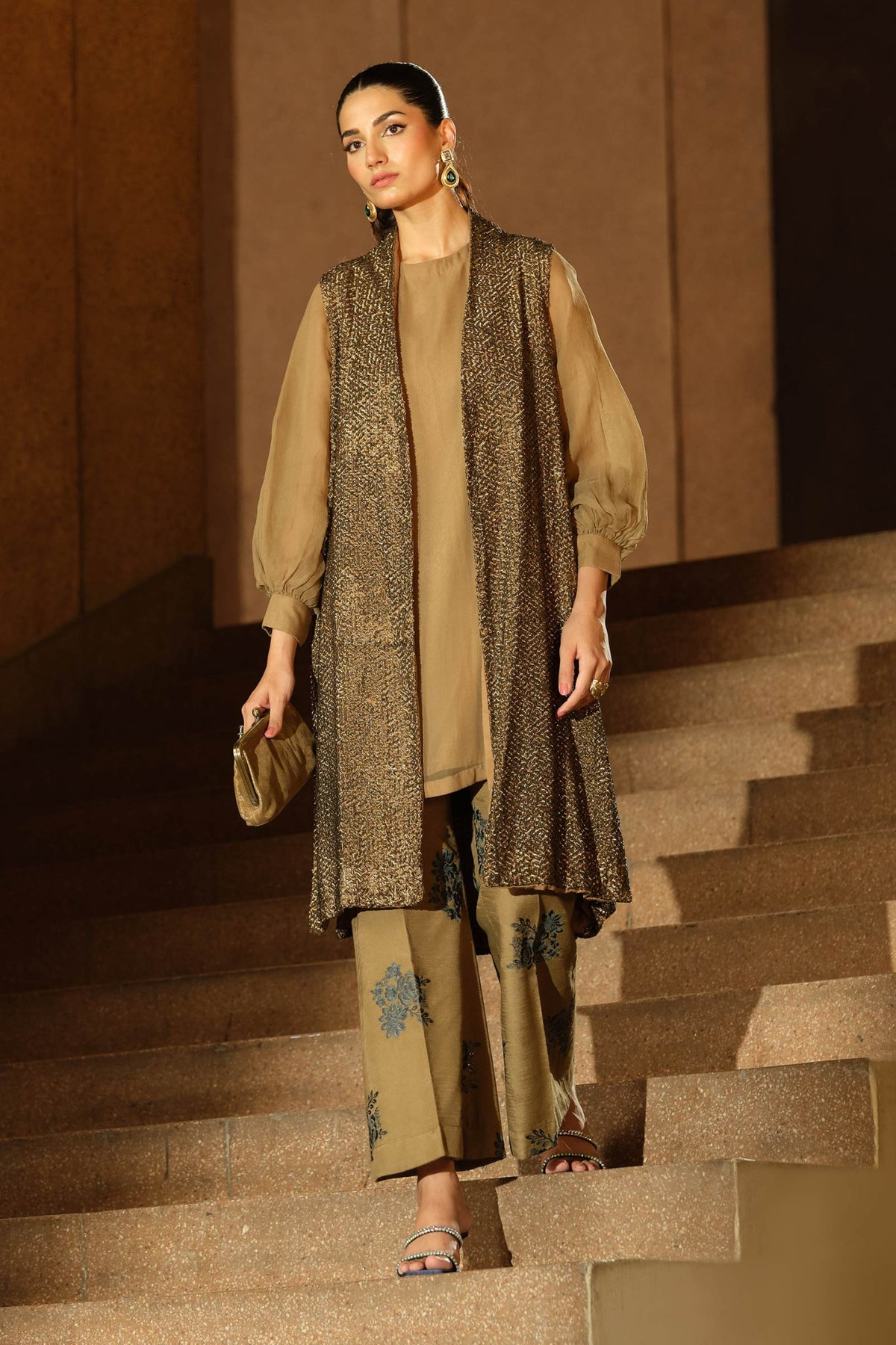 Maria B | RTW | 3 Piece Embroidered Raw Silk Suit-Brand:Maria B-Type:Luxury Formals-Brown - House of Maryam- Buy in UK, USA