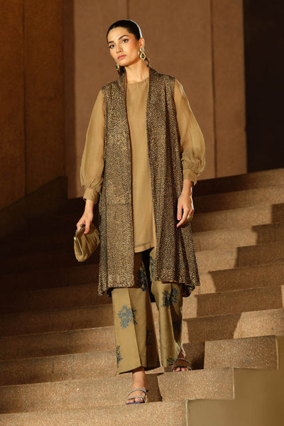 Maria B | RTW | 3 Piece Embroidered Raw Silk Suit-Brand:Maria B-Type:Luxury Formals-Brown - House of Maryam- Buy in UK, USA