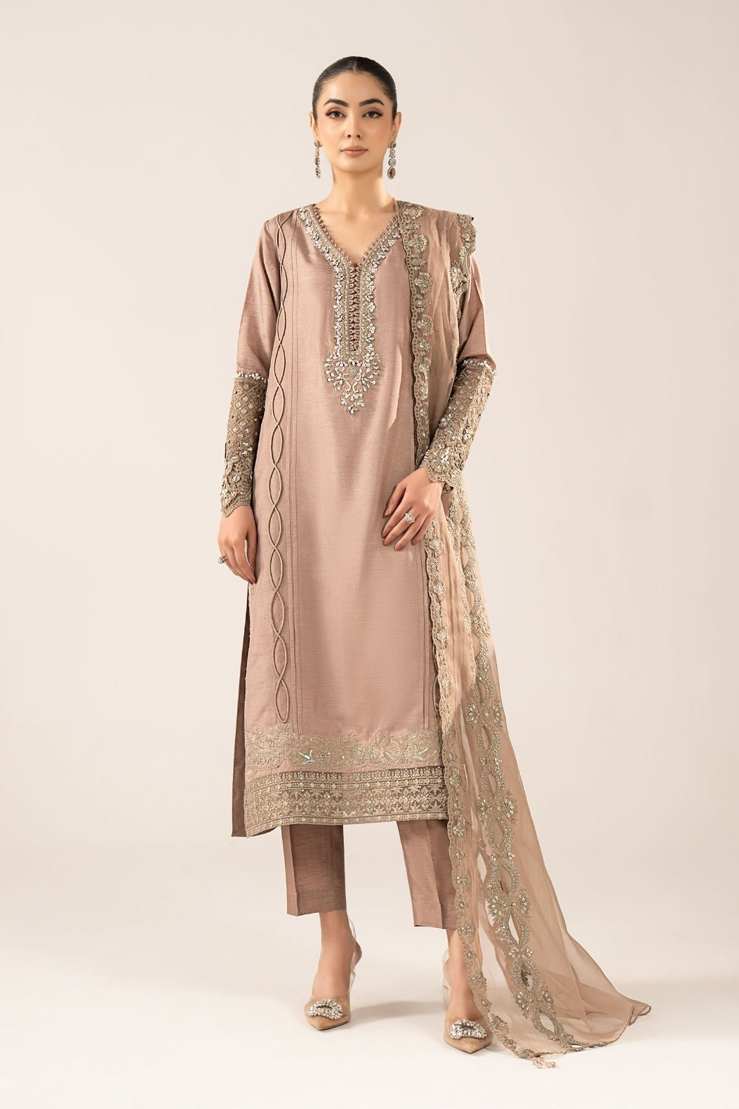 Maria B | RTW | 3 Piece Embroidered Raw Silk Suit-Brand:Maria B-Type:Luxury Formals-Brown - House of Maryam- Buy in UK, USA
