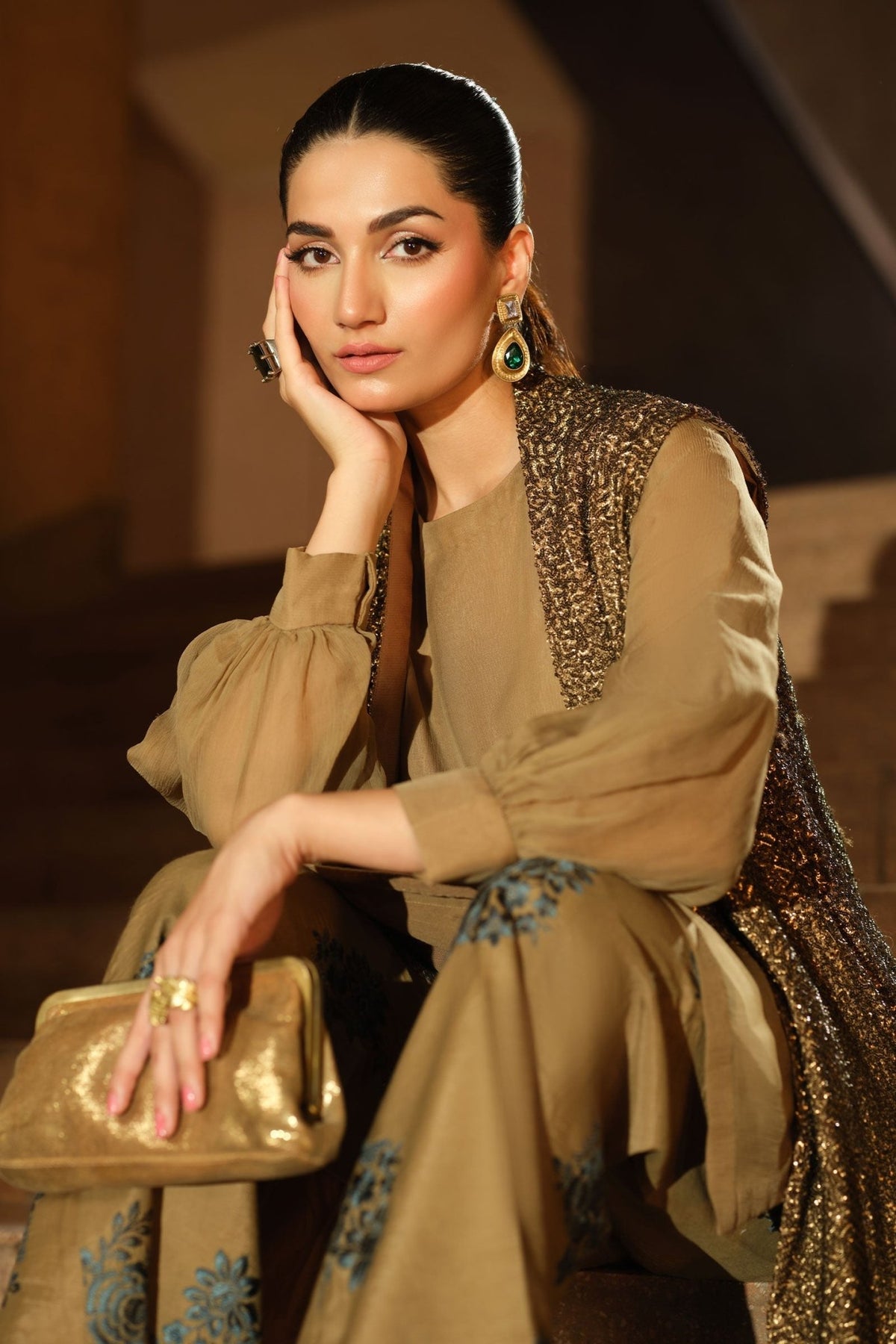 Maria B | RTW | 3 Piece Embroidered Raw Silk Suit-Brand:Maria B-Type:Luxury Formals-Brown - House of Maryam- Buy in UK, USA