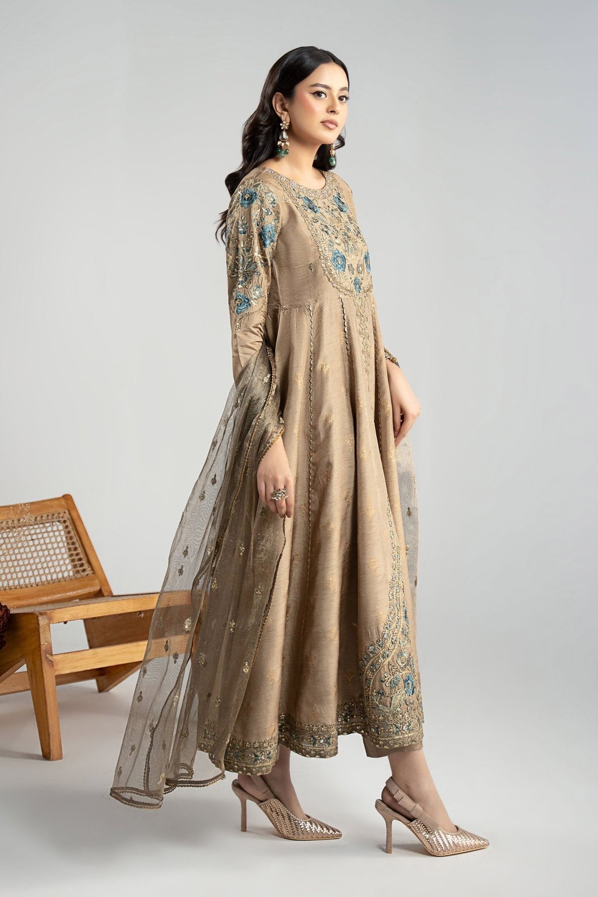 Maria B | RTW | 3 Piece Embroidered Raw Silk Suit-Brand:Maria B-Type:Luxury Formals-Brown - House of Maryam- Buy in UK, USA