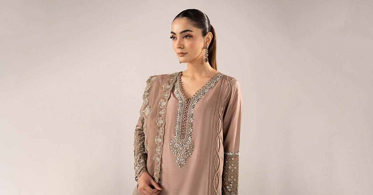 Maria B | RTW | 3 Piece Embroidered Raw Silk Suit-Brand:Maria B-Type:Luxury Formals-Brown - House of Maryam- Buy in UK, USA