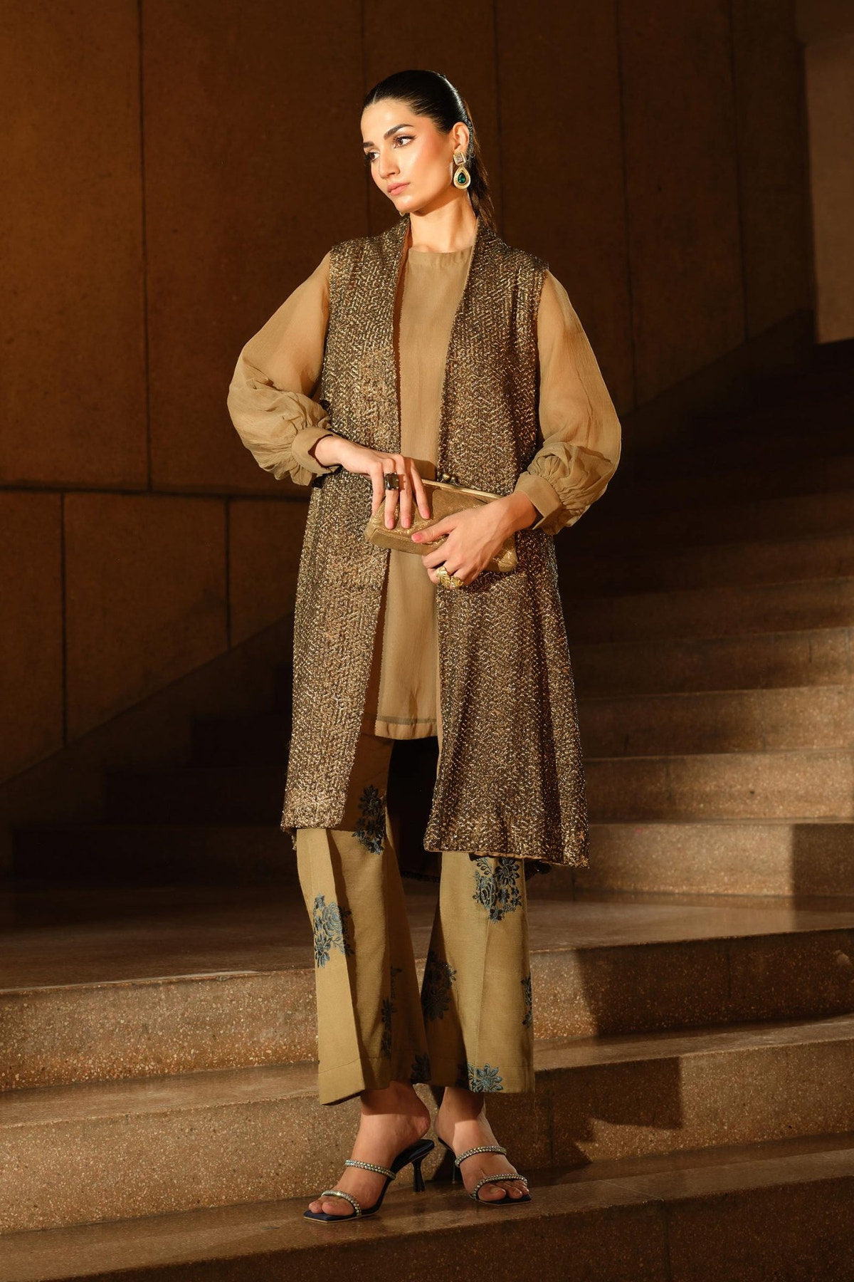 Maria B | RTW | 3 Piece Embroidered Raw Silk Suit-Brand:Maria B-Type:Luxury Formals-Brown - House of Maryam- Buy in UK, USA