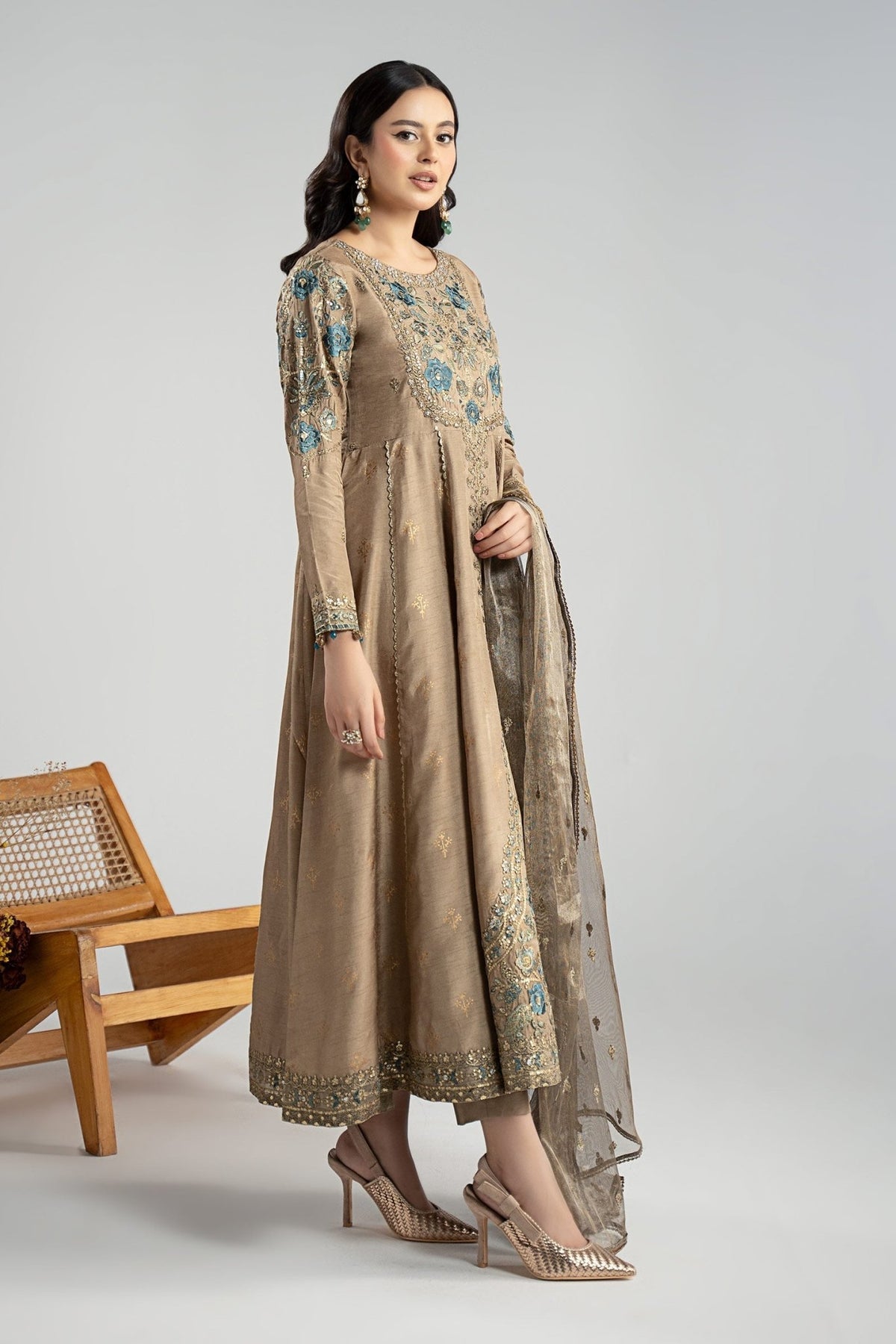 Maria B | RTW | 3 Piece Embroidered Raw Silk Suit-Brand:Maria B-Type:Luxury Formals-Brown - House of Maryam- Buy in UK, USA